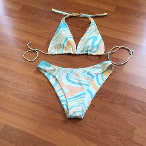 Aurelle brand Swirl Print Triangle Bikini Set in Aqua,Peach and cream